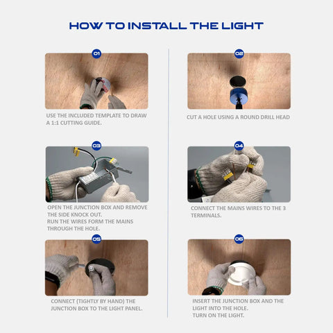 Step-by-step guide to install Four Inch LED Recessed Downlight With Junction Box 3000K Soft White 10.5W 920 Lumens Dimmable.
