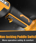 Badass No Nonsense Cordless Angle Grinder For 20V Battery Systems Featuring Brushless Motor And Smooth Variable Speed close-up of the non-locking paddle switch