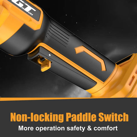 Killer Cordless Angle Grinder With Three Speed Settings And Paddle Safety Switch for zero hassle metal cutting and grinding showcasing non-locking paddle switch.