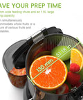 Super Dope 130Mm Wide Chute Masticating Cold Press Juicer For All Fruits Veggies 250W Self Feed Easy Clean showing 130mm wide feeding chute with fruit.