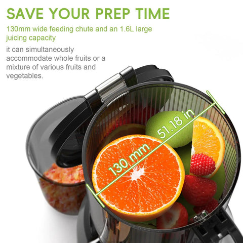 Super Dope 130Mm Wide Chute Masticating Cold Press Juicer For All Fruits Veggies 250W Self Feed Easy Clean showing 130mm wide feeding chute with fruit.