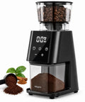 Ollygrin Electric Conical Burr Coffee Grinder With 30 Precise Grind Settings For Espresso Drip And French Press, compact design with touchscreen control.
