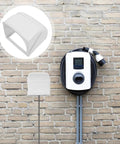 2 Piece Weatherproof Outlet Boxes Tough As Nails ABS Wall Plug Covers Socket Rain Shield mount guard on wall with charging cable.