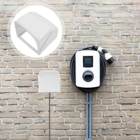 2 Piece Weatherproof Outlet Boxes Tough As Nails ABS Wall Plug Covers Socket Rain Shield mount guard on wall with charging cable.