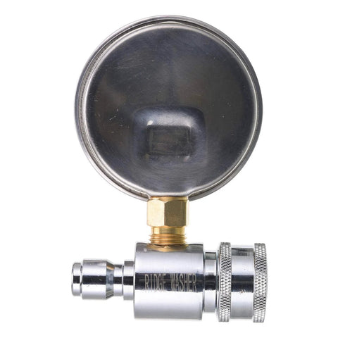 Side view of RIDGE WASHER pressure washer gauge with 3/8-inch quick-connect socket, chrome body, brass fitting.