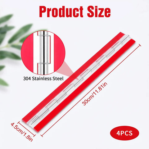 Built Rugged 4 Piece Self Adhesive Acrylic Piano Hinge Set Continuous Door Clip Heavy Duty Cabinet Hardware showcasing product size and 304 stainless steel detail.
