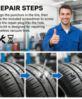 100 Piece Tire Repair Screw Plug Kit With 3 Sizes And Screwdriver, puncture repair steps shown on tubeless tire
