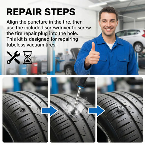 100 Piece Tire Repair Screw Plug Kit With 3 Sizes And Screwdriver, puncture repair steps shown on tubeless tire
