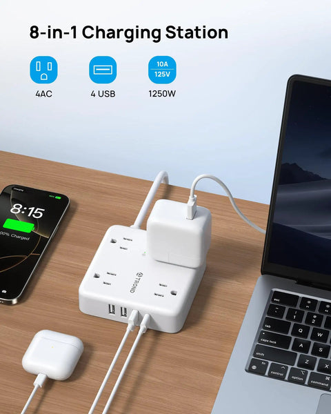 Surge Protector Power Strip With USB Ports, 4 Widely Spaced 3 Prong Outlets, 1440 Joule Surge Protection, on desk.