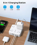 All In One Surge Protector Power Strip With USB Ports 10ft Flat Plug Extension Cord Eight In One Charging Station on desk setup