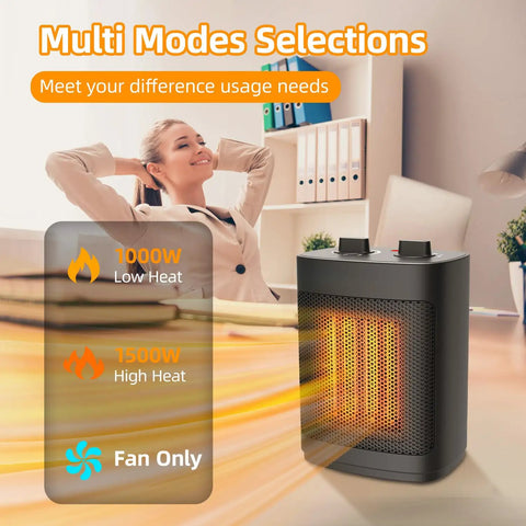 Compact 1500W Ceramic Space Heater With Thermostat Dual Heat Settings 1000W And 1500W PTC Ceramic Desk Heater in cozy office