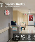 Hallway with 6 Pack Red Exit Signs With Emergency Lights Dual LED Adjustable Heads Battery Backup Hard Wired UL Listed 120/277V AC