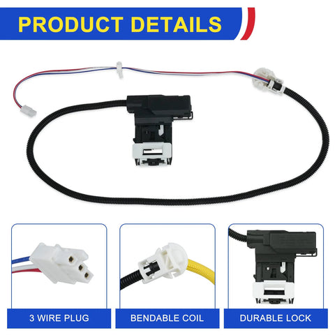 Motico washer lid lock switch with 3-wire plug and bendable coil; compatible with Whirlpool/Kenmore/Maytag/Amana/Crosley.