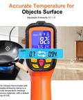 Infrared Temp Gun With 50 to 1 Distance Ratio Measures Minus 58F To 2732F Laser Temperature Tool in use with readouts visible