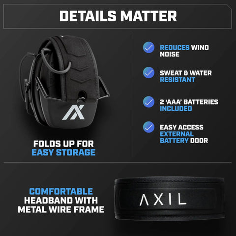 TrackR Noise Cancelling Ear Muffs For Mowing Construction And Shooting With Electronic Hearing Protection, folded for storage, features listed.