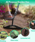 Heavy Duty Garden Hoe For Fast Weeding And Grass Removal, 55 Inch Long Handle, Hardened Hollow Eye Hoe shown loosening soil