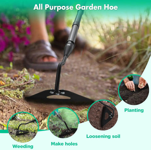 Heavy Duty Garden Hoe For Fast Weeding And Grass Removal, 55 Inch Long Handle, Hardened Hollow Eye Hoe shown loosening soil