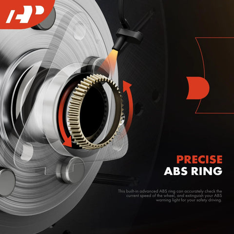 Rear Wheel Bearing And Hub Assembly Set With ABS Ring For Honda Civic 1992 2000 Civic Del Sol 1993 1997 Acura Integra 1990 2001 4 Lug Rear Disc FWD Only Two Pack Ready To Install with highlighted ABS ring and arrows indicating rotation.