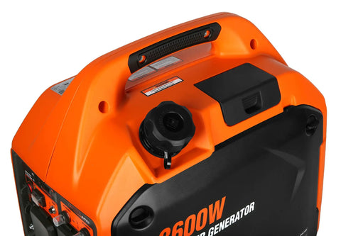 Close-up of Portable Inverter Generator For RVs, 3600 Surge Watts And 2900 Rated Watts, fuel cap and handle visible