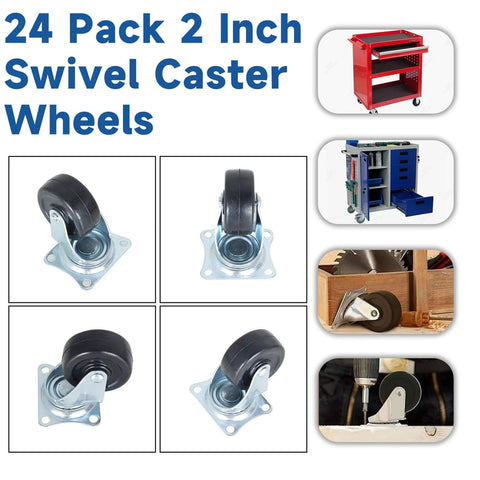 Collage showing 24 Pack 2 Inch Swivel Caster Wheels with top plate and use on carts and workstations.