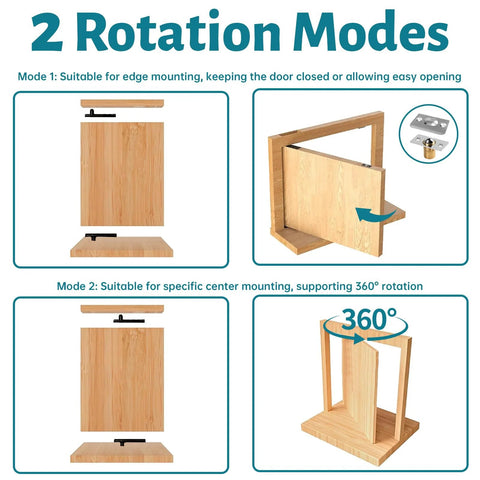 Illustration showing 2 rotation modes for heavy duty hidden door pivot hinge set for Murphy doors and bookcases.