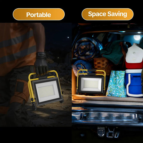 Powerful 3600 Lumen LED Work Light With 30W 6000K Flood Beam, 5.9Ft Cord And Switch, IP66 Waterproof shown in portable use and storage