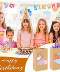 Bulk 200Pcs Kraft Paper Gift Bags With Handy Handles 5.25x3.25x8.25 Inches for birthday favors shown with children at party