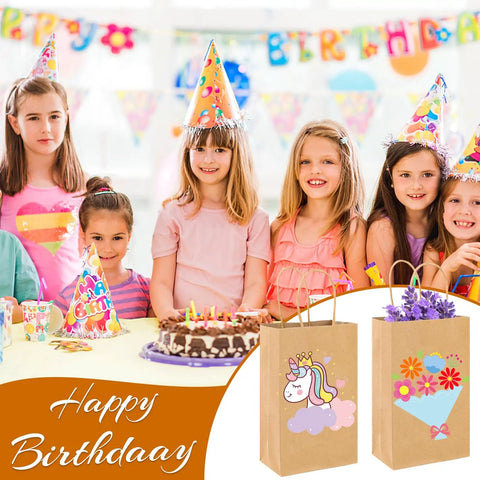 Children at a birthday party with two kraft paper gift bags with handles; 100 Pack Kraft Paper Gift Bags With Handles 5.25 X 3.25 X 8.25 Inches Durable Brown Bulk Shopping Bags For Small Business Retail And Party Use Great For Gifts And Event Packaging Ideas For Retail And Small Shops visible.