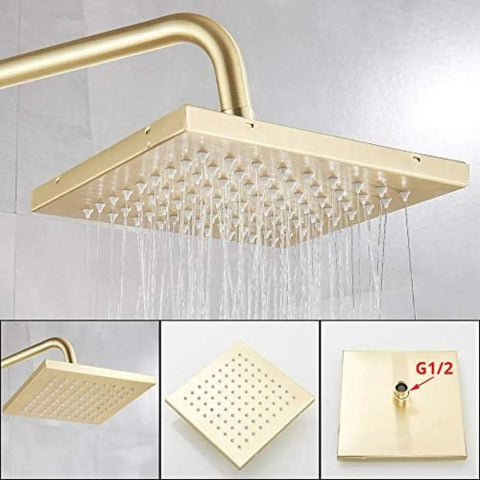 UBNMIUBV Shower System, Brushed Gold Shower Faucet Rainfall Shower Faucet featuring a square rain showerhead with water flowing.