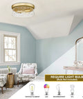 12 Inch 2-Light Modern Gold Flush Mount Ceiling Light With Seeded Glass in living room, brushed champagne finish