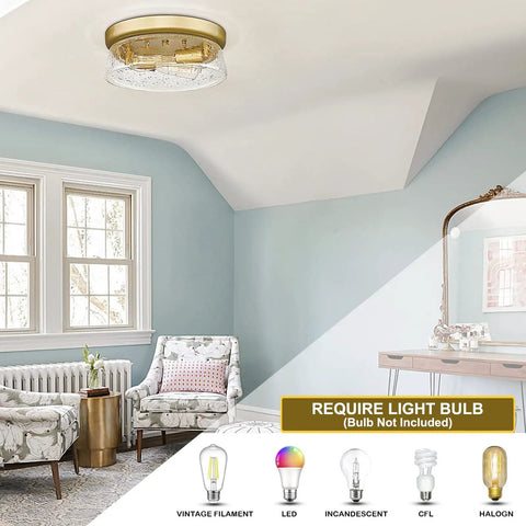 12 Inch 2-Light Modern Gold Flush Mount Ceiling Light With Seeded Glass in living room, brushed champagne finish