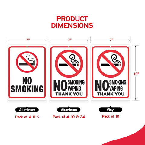 Heavy Duty No Smoking Signs For Business And Restaurants, 10 X 7 Inch Aluminum Metal No Vaping Wall Plaque With Rounded Edges shown in dimensions.
