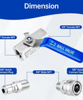 Front view of Aurora Car stainless 3/8 in ball valve with blue lever for pressure washer hose; 3/8 in female/male NPT ports and quick-connect fittings