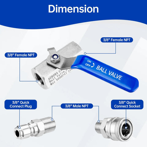 Front view of Aurora Car stainless 3/8 in ball valve with blue lever for pressure washer hose; 3/8 in female/male NPT ports and quick-connect fittings