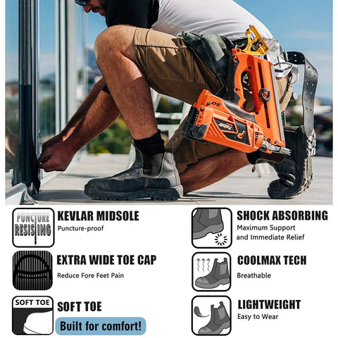Men's Soft Toe Waterproof Work Boots With Wide Toe Box For All Day Comfort Slip On Easy On And Off Slip Resistant And Anti Static Safety Shoes For Job Sites Lightweight Construction Built For Heavy Duty Days in use with tools