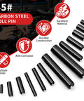 440 Piece Roll Pin Kit With Slotted Steel Pins, 13 Sizes From 13/64 To 15/64 Inch, Durable Carbon Steel, Rust Resistant Black Oxide Finish, Perfect For DIY Projects, Auto Repairs, Home Improvement, And Tough Machinery Work. 45# carbon steel roll pins, multiple sizes