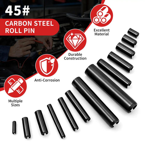 440 Piece Roll Pin Kit With Slotted Steel Pins, 13 Sizes From 13/64 To 15/64 Inch, Durable Carbon Steel, Rust Resistant Black Oxide Finish, Perfect For DIY Projects, Auto Repairs, Home Improvement, And Tough Machinery Work. 45# carbon steel roll pins, multiple sizes