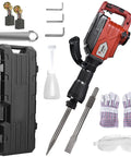 1900W Demolition Electric Jack Hammer Heavy Duty Concrete Breaker with flat chisel, bull point chisel, U chisel, work gloves, goggles.