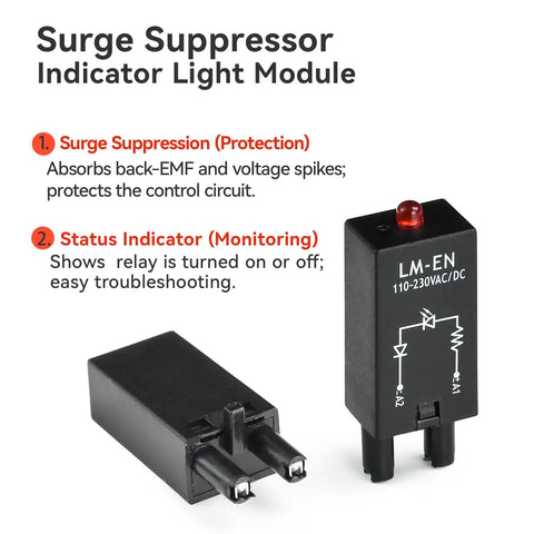 Surge suppressor indicator light module showing protection and monitoring functions, with status LED, model LM-EN.