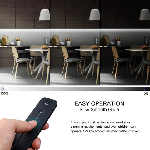 LED dimmer switch with remote for 5-36V single color LED tape brightness control featuring smooth glide operation