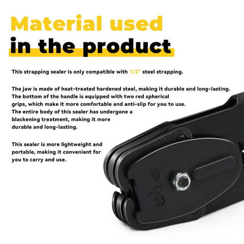 Heavy Duty Pro Grade Strapping Sealer And Crimper For Half Inch Steel Strapping Band With Heat Treated Hardened Steel Jaw and text