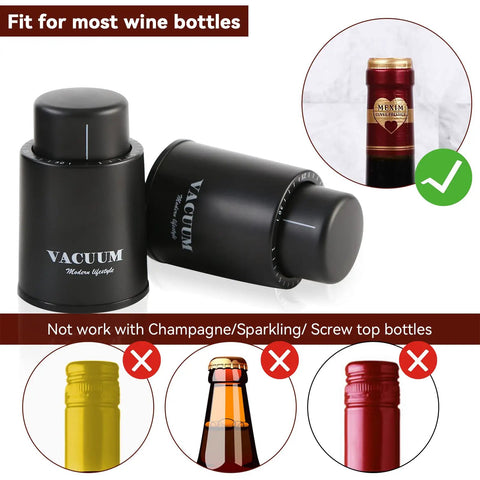 Two Pack Real Vacuum Wine Stoppers Keep Wine Fresh Longer shown with bottle compatibility