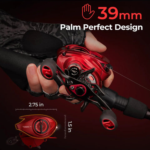 Hand holding Royale Legend Glory Baitcasting Reel With 8.0 To 1 Gear Ratio Right Handed Game Changing Magnetic Halo XII Braking