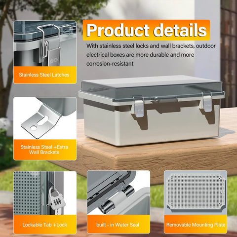 Weatherproof Outdoor Electrical Junction Box With Hinged Lockable Cover, Clear ABS Plastic Enclosure, close-up on latch details