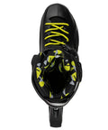 Top view of black and neon yellow unisex adult fitness inline skates for urban cruising with molded boot and supportive vented design