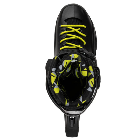 Top view of black and neon yellow unisex adult fitness inline skates for urban cruising with molded boot and supportive vented design