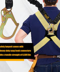 Retractable Safety Harness Lanyard For Fall Protection And Tree Climbing with snap hook, yellow straps on worker