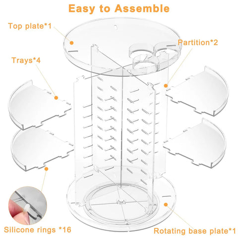 Clear Acrylic Rotating Makeup Organizer With Eight Adjustable Trays And A Smooth 360 Spin Base To Keep Your Daily Skincare Stash Neat As Pin assembly parts including trays and rotating base.