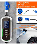 Portable Type2 EV Charger 11KW Fast Charge Hub With 16 Amp Output, showing adjustable settings and dual socket types.