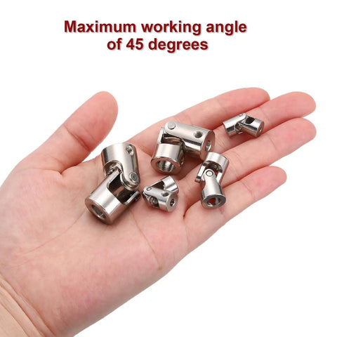 Hand holding Six Pcs 3mm To 5mm ID Steering Universal Joint Shaft Couplings In SAE 1045 Steel 45 Degree Rotatable Joints